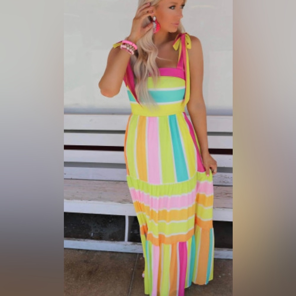 Multicolor Color Block Striped Bow Knot Straps Maxi Dress